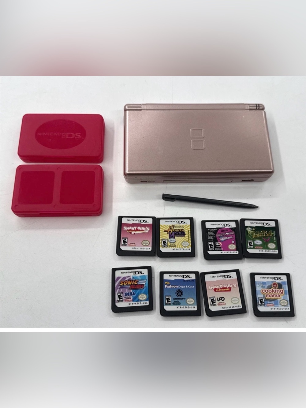 Nintendo DS Lite Rose Pink Handheld Console with 8 Games Stylus Storage Case EXC